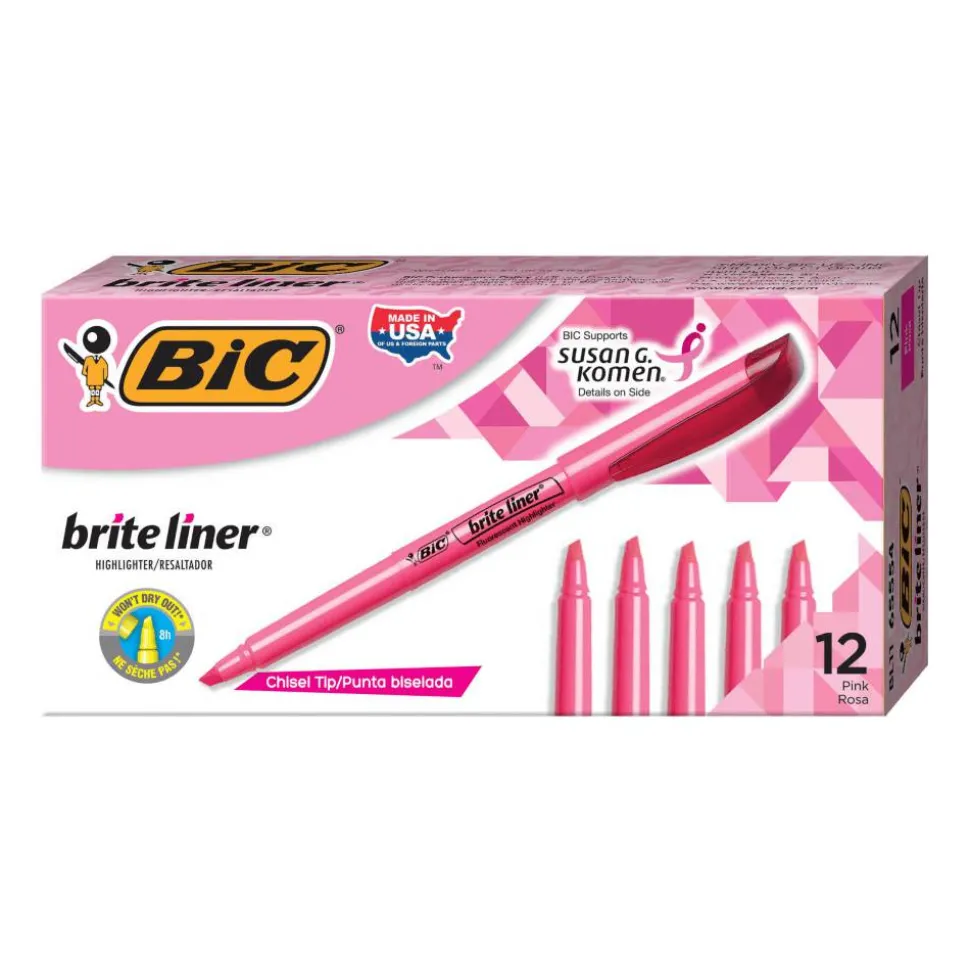 BIC Brite Liner Highlighters, Chisel Tip, Pink Box Of 12