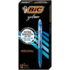 BIC Gelocity Original Long Lasting Retractable Gel Pens, Medium Point, 0.7 mm, Blue Barrel, Blue Ink, Pack Of 12