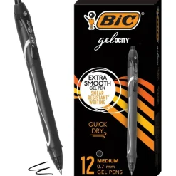 BIC Gelocity Quick Dry Retractable Gel Pens, Medium Point, 0.7 mm, Black Barrel, Black Ink, Pack Of 12