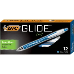 BIC Glide Exact Retractable Ballpoint Pens, Fine Point, 0.7 mm, Blue Barrel, Blue Ink, Pack Of 12 Pens