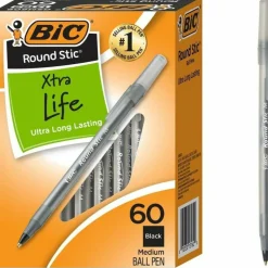 BIC Round Stic Ballpoint Pens, Medium Point, 1.0 mm, Translucent Barrel, Black Ink, Pack Of 60 Pens