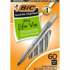 BIC Round Stic Ballpoint Pens, Medium Point, 1.0 mm, Translucent Barrel, Black Ink, Pack Of 60 Pens