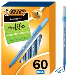 BIC Round Stic Ballpoint Pens, Medium Point, 1.0 mm, Translucent Barrel, Blue Ink, Box Of 60