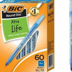 BIC Round Stic Ballpoint Pens, Medium Point, 1.0 mm, Translucent Barrel, Blue Ink, Box Of 60