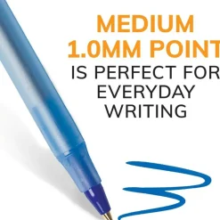 BIC Round Stic Ballpoint Pens, Medium Point, 1.0 mm, Translucent Barrel, Blue Ink, Box Of 60