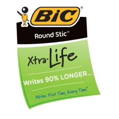 BIC Round Stic Ballpoint Pens, Medium Point, 1.0 mm, Translucent Barrel, Blue Ink, Pack Of 12