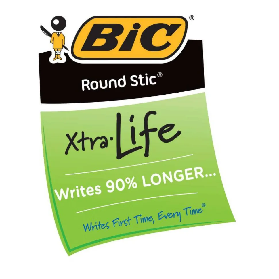 BIC Round Stic Ballpoint Pens, Medium Point, 1.0 mm, Translucent Barrel, Blue Ink, Pack Of 12