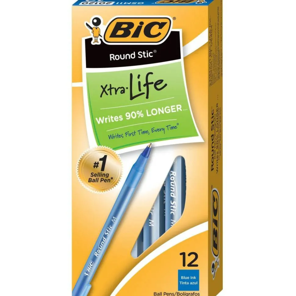BIC Round Stic Ballpoint Pens, Medium Point, 1.0 mm, Translucent Barrel, Blue Ink, Pack Of 12