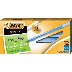 BIC Round Stic Ballpoint Pens, Medium Point, 1.0 mm, Translucent Barrel, Blue Ink, Pack Of 12
