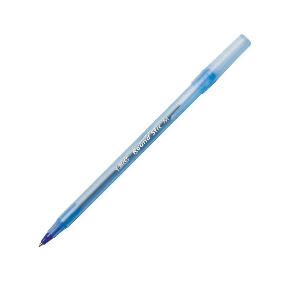 BIC Round Stic Ballpoint Pens, Medium Point, 1.0 mm, Translucent Barrel, Blue Ink, Pack Of 12
