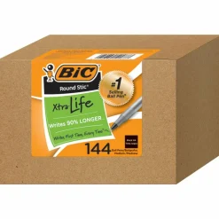 BIC Round Stic Ballpoint Pens, Medium Point, 1.0 mm, Translucent Barrels, Black Ink, Pack Of 144 Pens