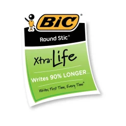 BIC Round Stic Ballpoint Pens, Medium Point, 1.0 mm, Translucent Barrel, Black Ink, Pack Of 12