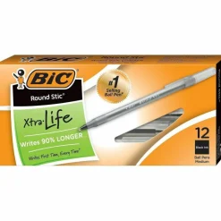 BIC Round Stic Ballpoint Pens, Medium Point, 1.0 mm, Translucent Barrel, Black Ink, Pack Of 12