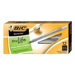 BIC Round Stic Ballpoint Pens, Medium Point, 1.0 mm, Translucent Barrel, Black Ink, Pack Of 12