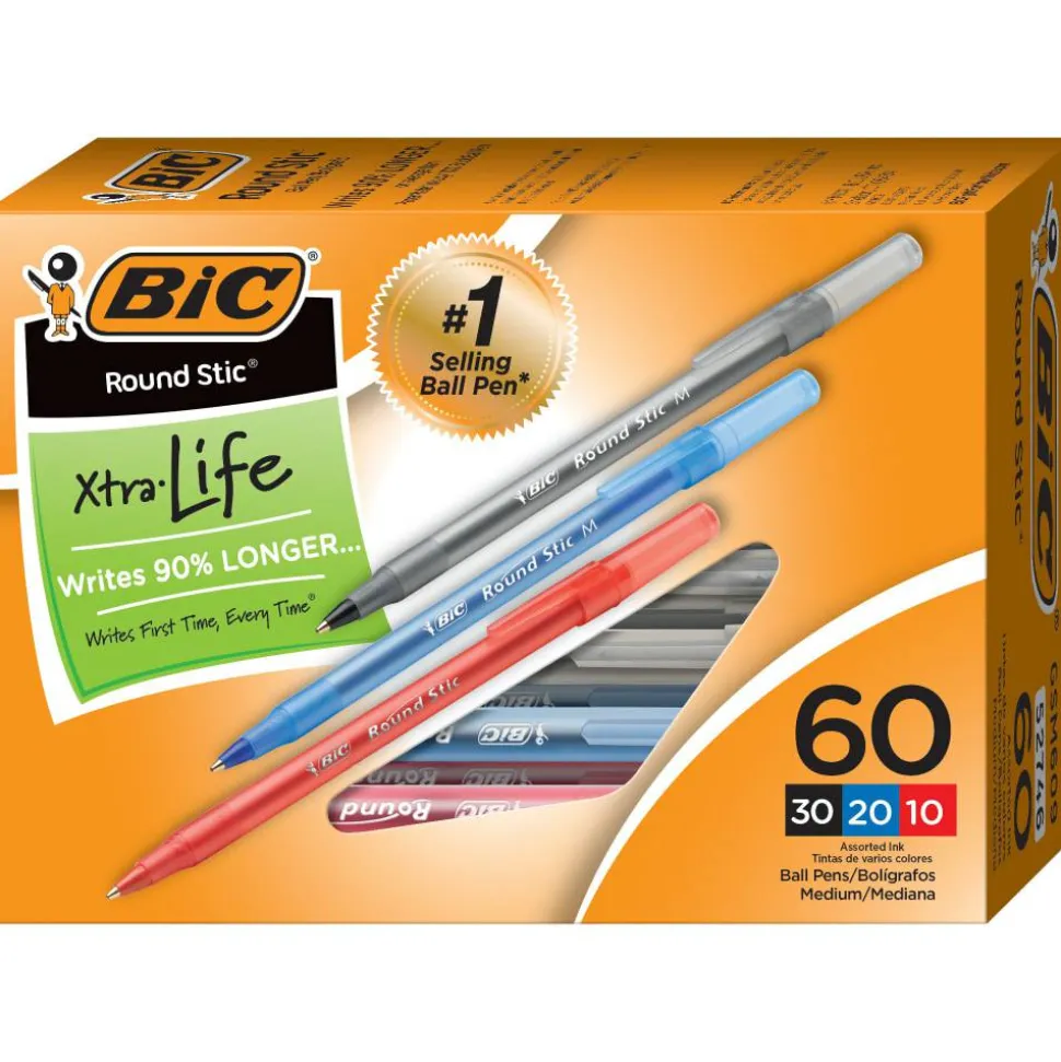 BIC Round Stic Xtra Life Ball Point Pen, Assorted