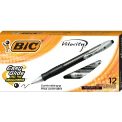 BIC Velocity Retractable Ballpoint Pens, Medium Point, 1.0 mm, Assorted Barrels, Black Ink, Pack Of 12