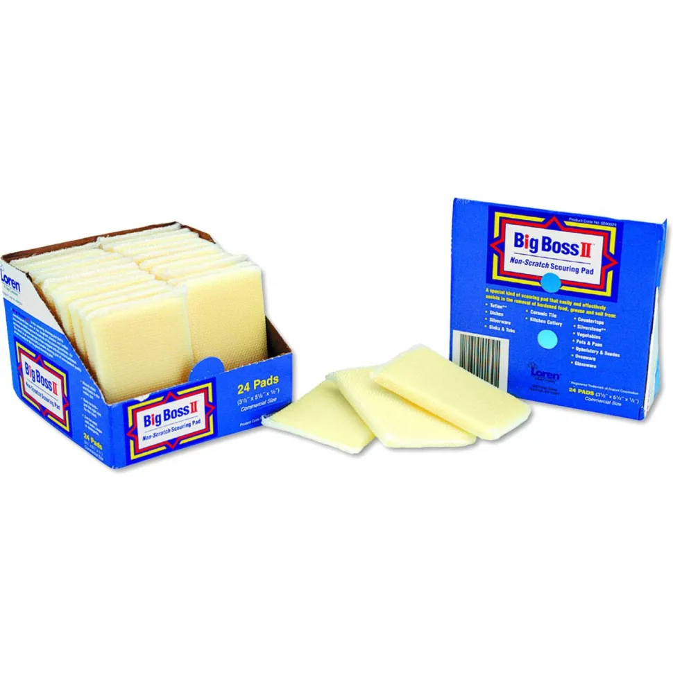 Big Boss II Non-Scratch Scouring Pads, 3.5 x 5.5, Yellow, 24/Carton