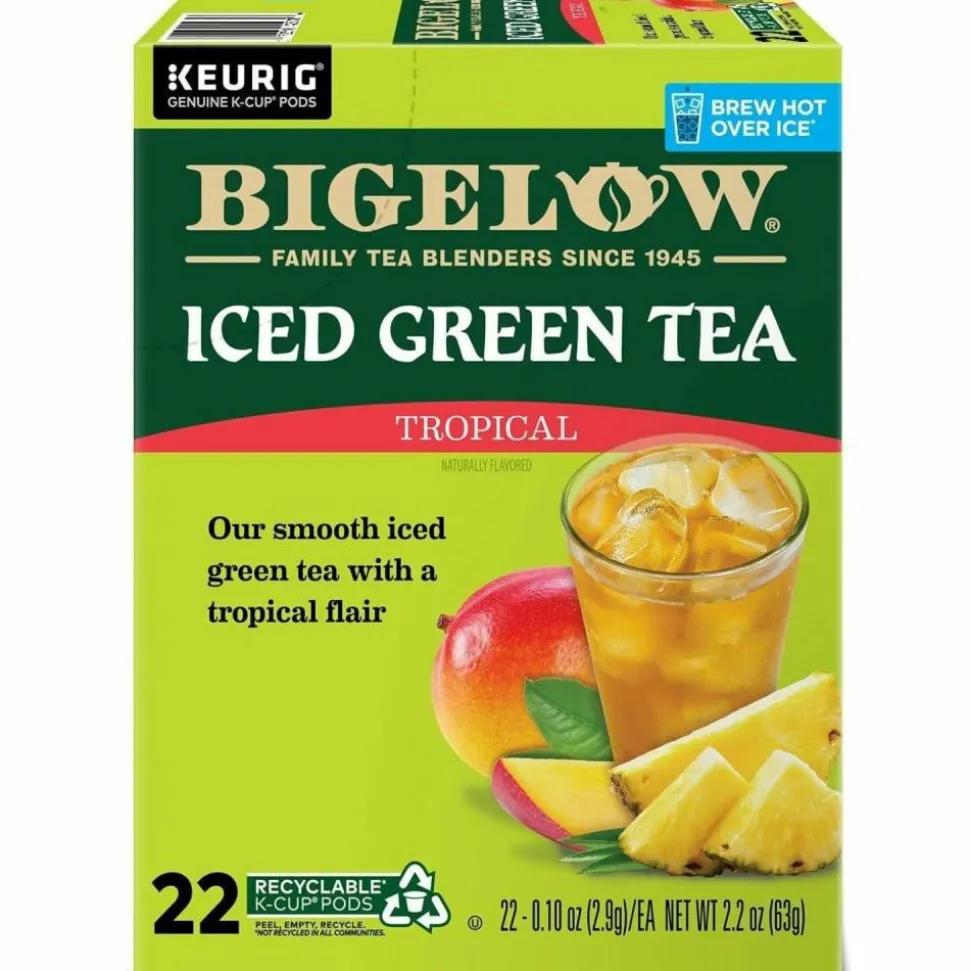 Bigelow Tropical Iced Green Tea K-Cup Pods, 0.10 Oz, Pack Of 22 Pods