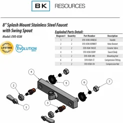 BK Resources Evolution Splash Mount Stainless Steel Faucet, 4.63" Height, 8" Reach, Stainless Steel