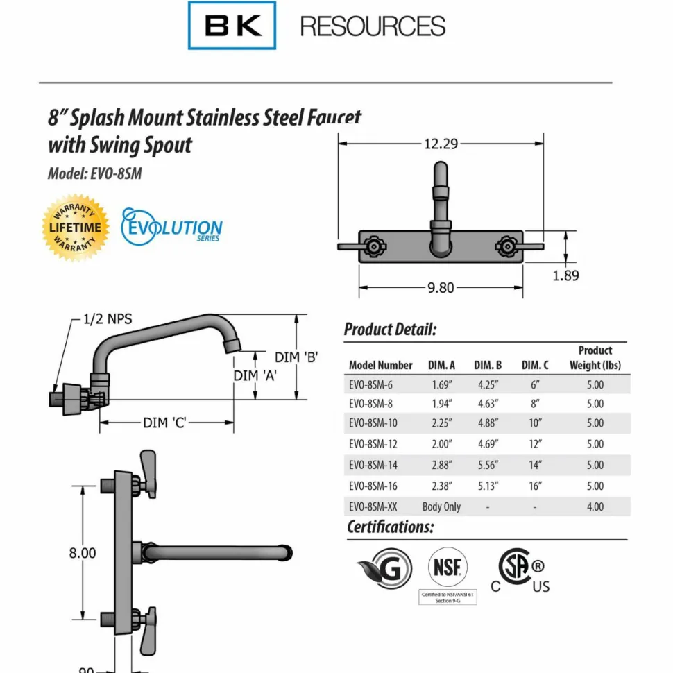 BK Resources Evolution Splash Mount Stainless Steel Faucet, 4.63" Height, 8" Reach, Stainless Steel