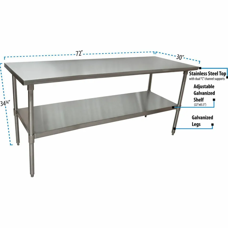 BK Resources Stainless Steel Flat Top Work Tables, 72w x 30d x 36h, Silver, 2/Pallet