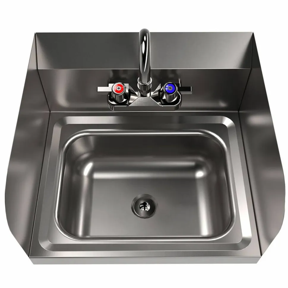 BK Resources Stainless Steel Hand Sink with Side Splashes and Faucet, 14" l x 10" w x 5" h