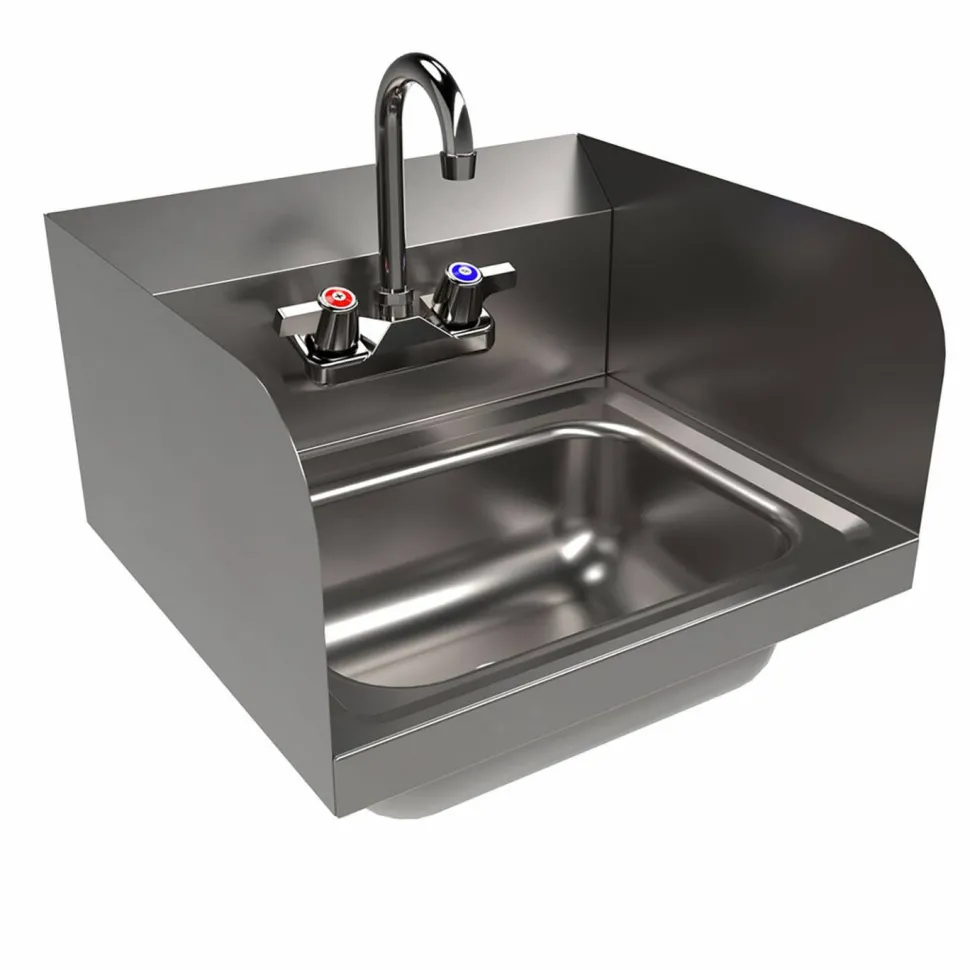 BK Resources Stainless Steel Hand Sink with Side Splashes and Faucet, 14" l x 10" w x 5" h