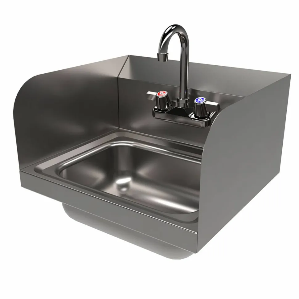 BK Resources Stainless Steel Hand Sink with Side Splashes and Faucet, 14" l x 10" w x 5" h