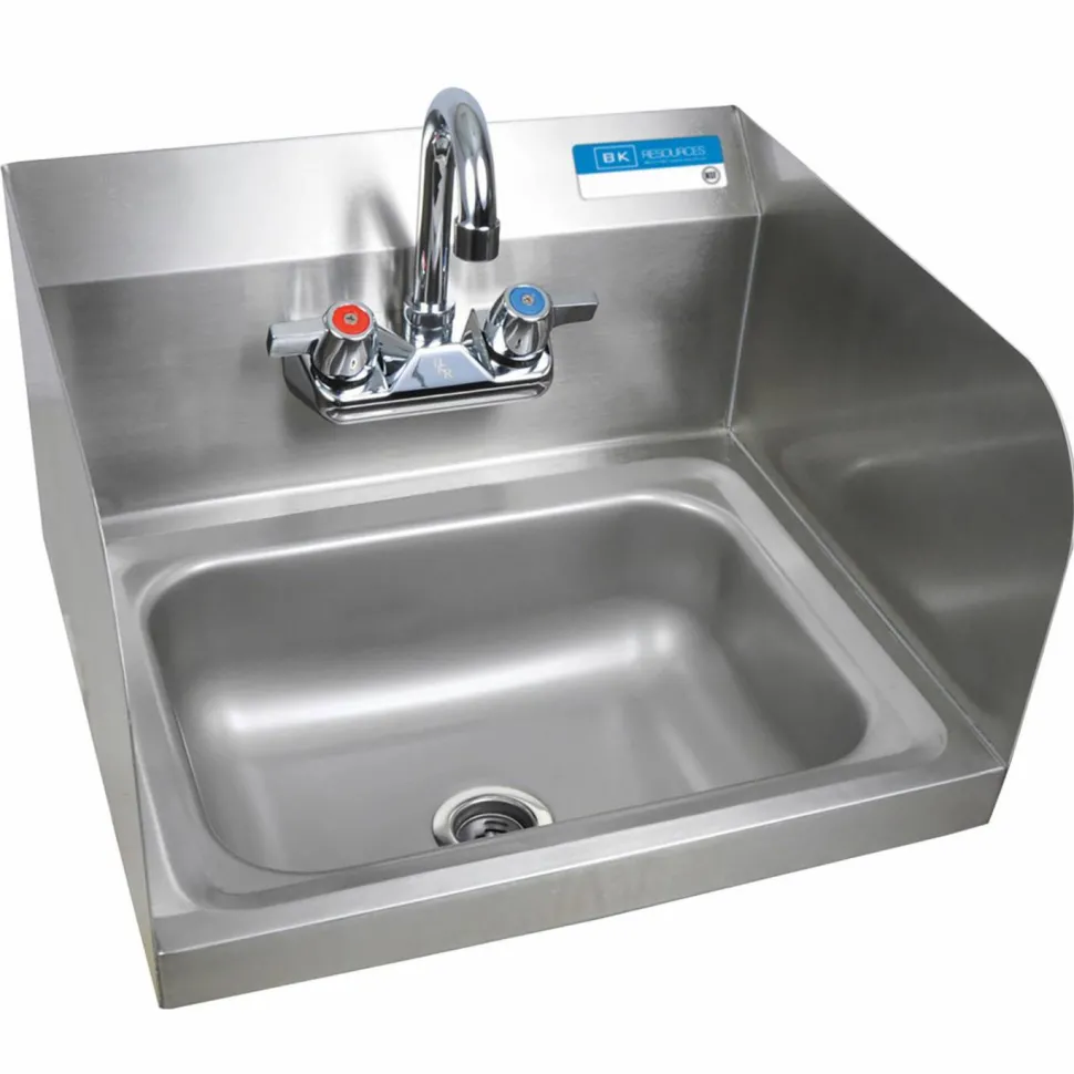 BK Resources Stainless Steel Hand Sink with Side Splashes and Faucet, 14" l x 10" w x 5" h