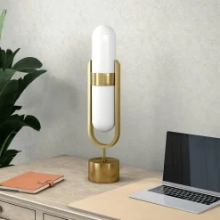 Blair Pill-Shaped Table Lamp with Milk Glass Shade in Brass/White
