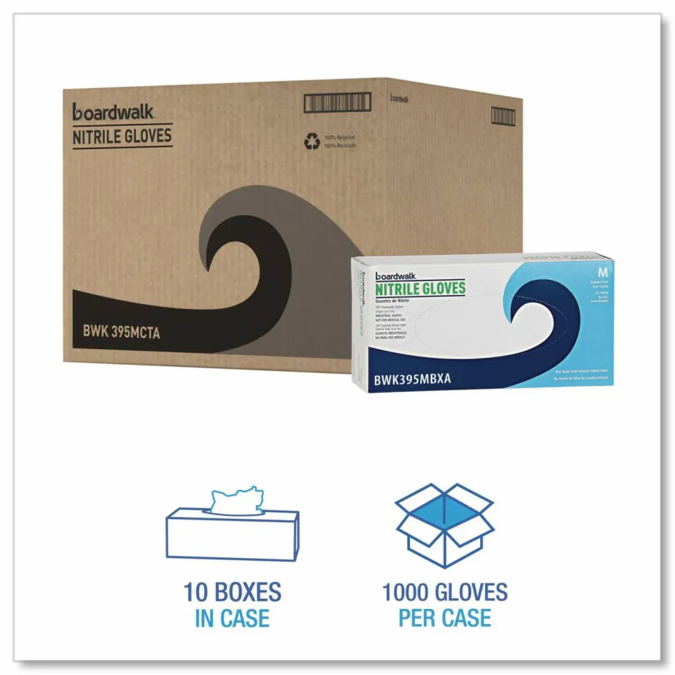 Boardwalk 395 Series Disposable General-Purpose Nitrile Gloves, Powder-Free, Medium, 5 mil Thick, 9.5" Long, Blue, 100/Box, 10 Boxes/CT