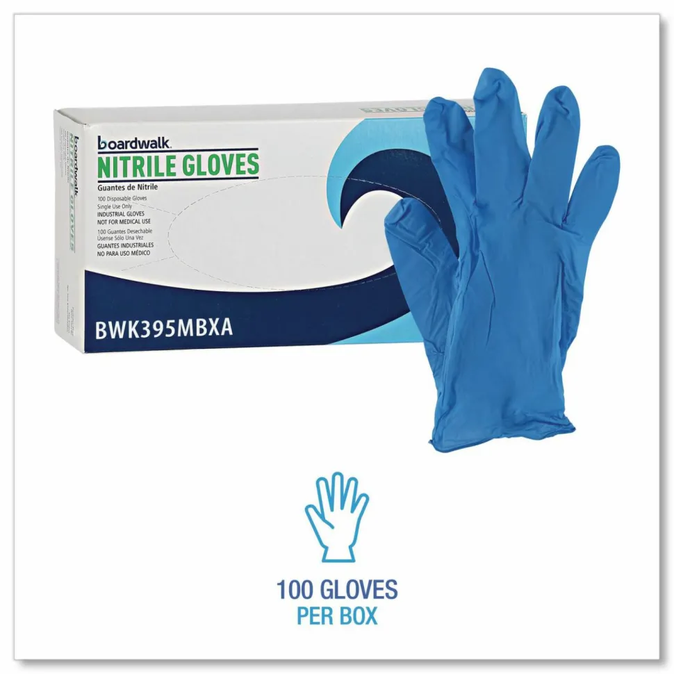 Boardwalk 395 Series Disposable General-Purpose Nitrile Gloves, Powder-Free, Medium, 5 mil Thick, 9.5" Long, Blue, 100/Box, 10 Boxes/CT