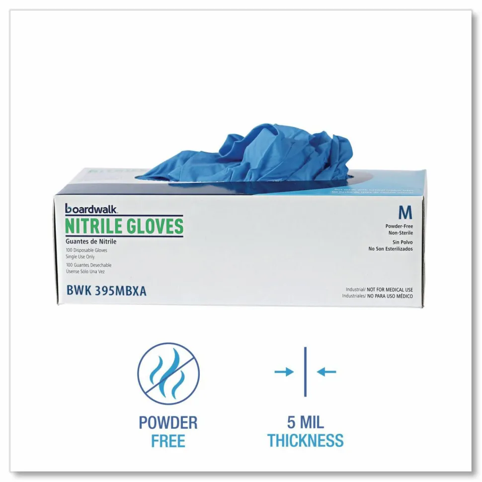 Boardwalk 395 Series Disposable General-Purpose Nitrile Gloves, Powder-Free, Medium, 5 mil Thick, 9.5" Long, Blue, 100/Box, 10 Boxes/CT