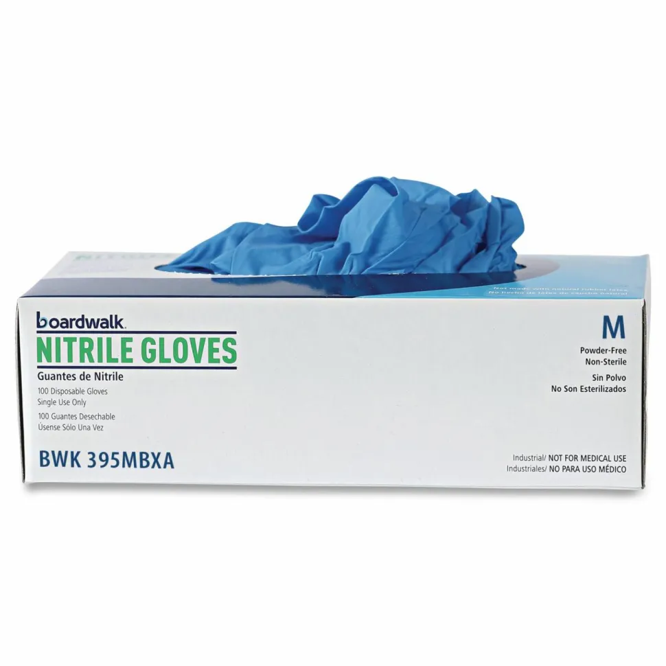 Boardwalk 395 Series Disposable General-Purpose Nitrile Gloves, Powder-Free, Medium, 5 mil Thick, 9.5" Long, Blue, 100/Box, 10 Boxes/CT