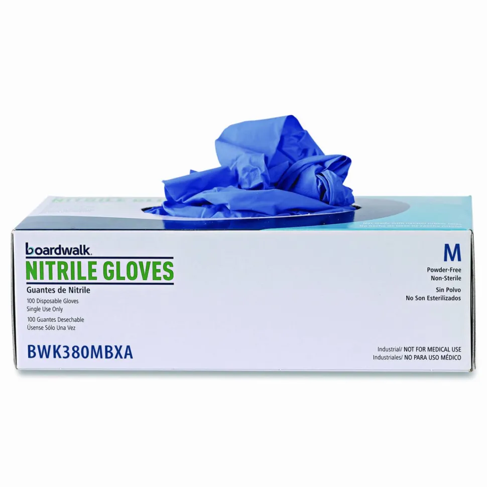 Boardwalk 380 Series Disposable General-Purpose Nitrile Gloves, Powder-Free, Medium, 4 mil Thick, 9.5" Long, Blue, 100/Box
