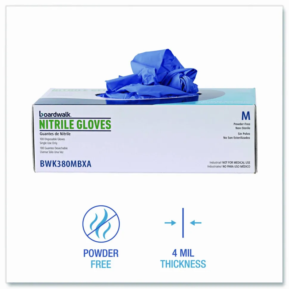 Boardwalk 380 Series Disposable General-Purpose Nitrile Gloves, Powder-Free, Medium, 4 mil Thick, 9.5" Long, Blue, 100/Box