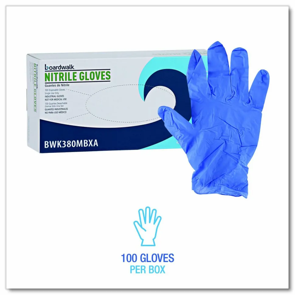 Boardwalk 380 Series Disposable General-Purpose Nitrile Gloves, Powder-Free, Medium, 4 mil Thick, 9.5" Long, Blue, 100/Box