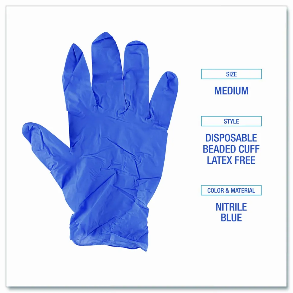 Boardwalk 380 Series Disposable General-Purpose Nitrile Gloves, Powder-Free, Medium, 4 mil Thick, 9.5" Long, Blue, 100/Box