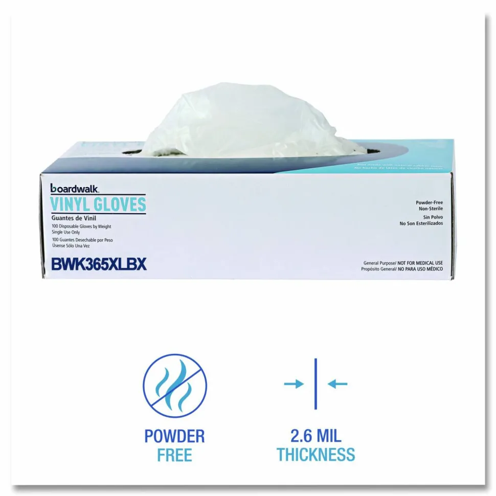 Boardwalk General Purpose Vinyl Gloves, Powder-Free, X-Large, 2.6 mil Thick, 9.5" Long, Clear, 100/Box