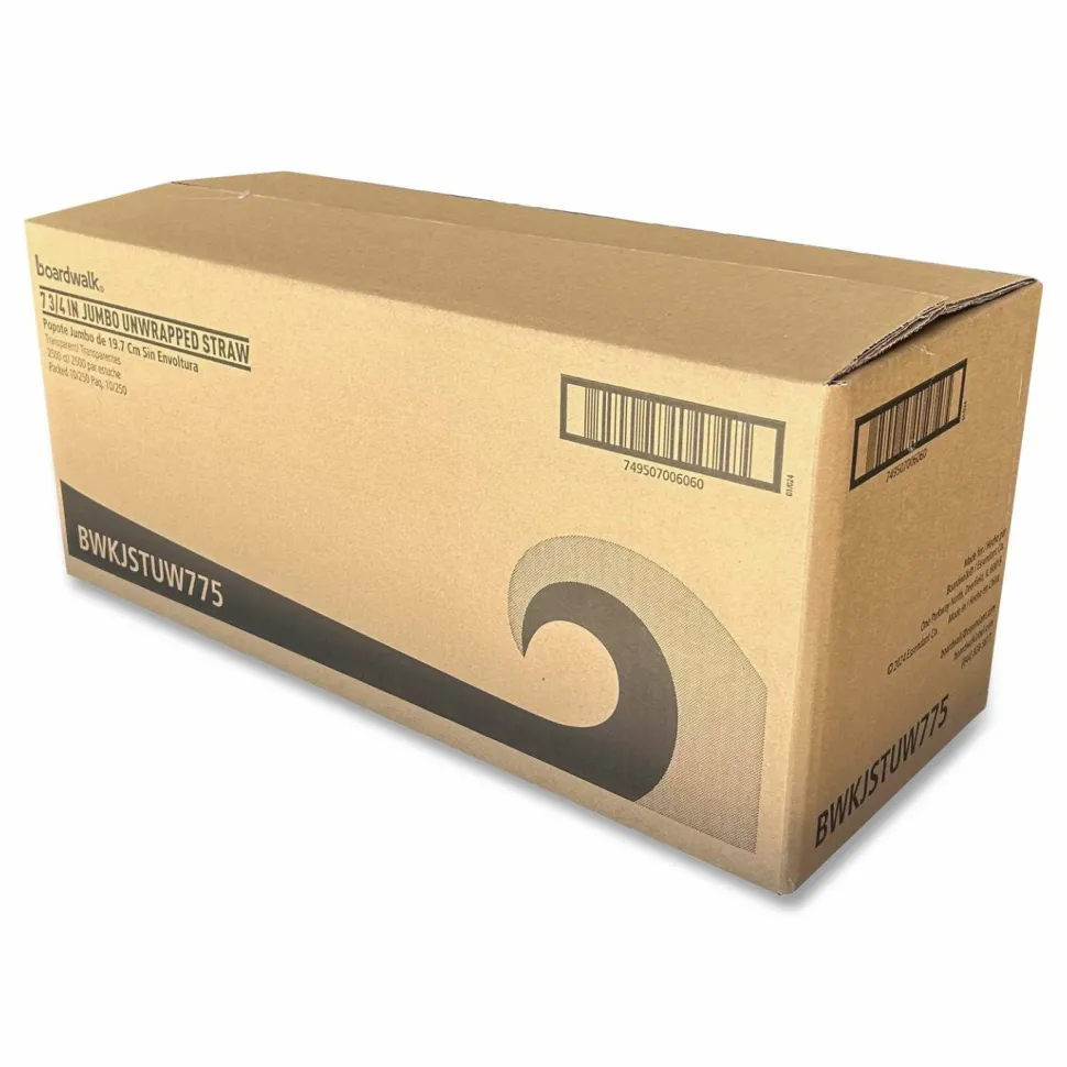Boardwalk Jumbo Straws, 7.75", Polypropylene, Clear, 250/Pack, 10 Packs/Carton