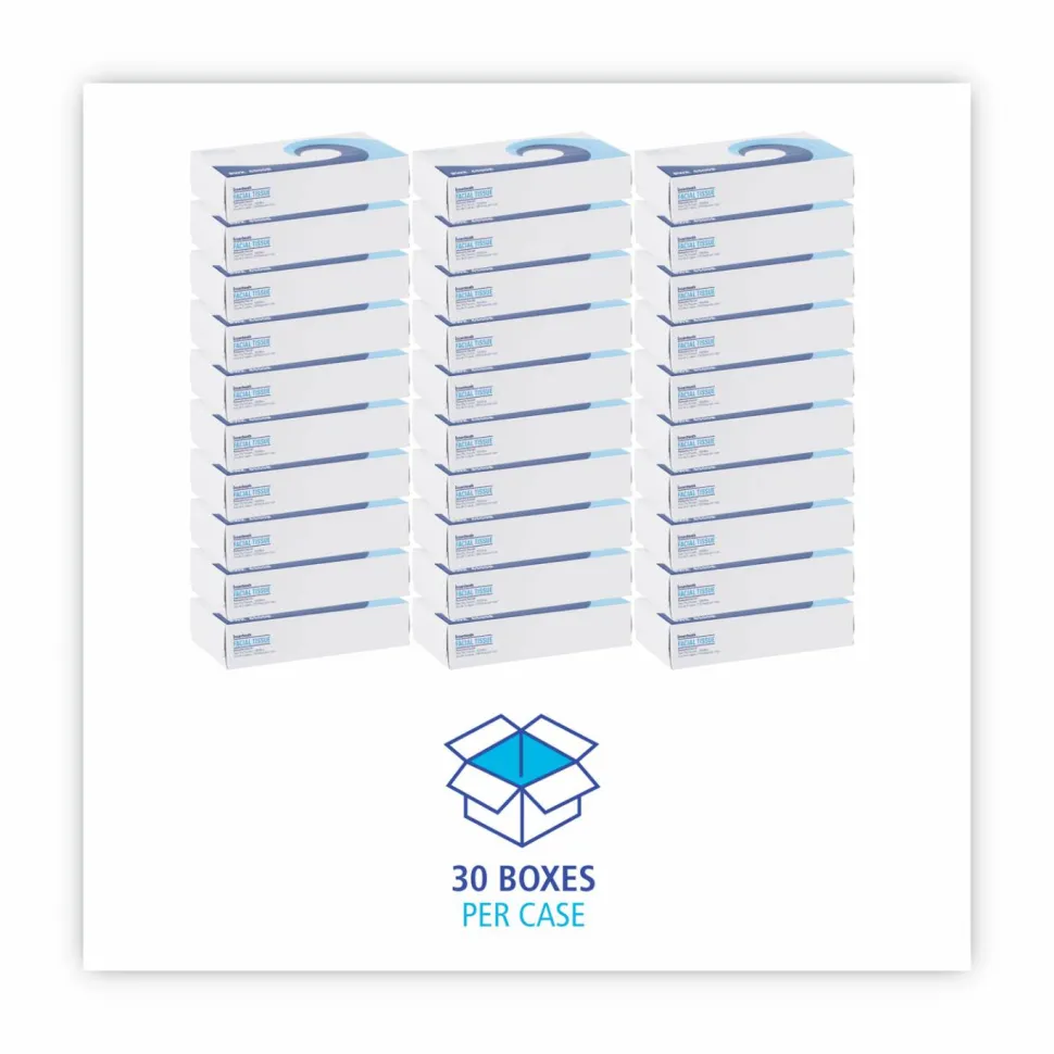 Boardwalk Office Packs Facial Tissue, Flat Box, 2-Ply, White, 100 Sheets/Box, 30 Boxes/Carton