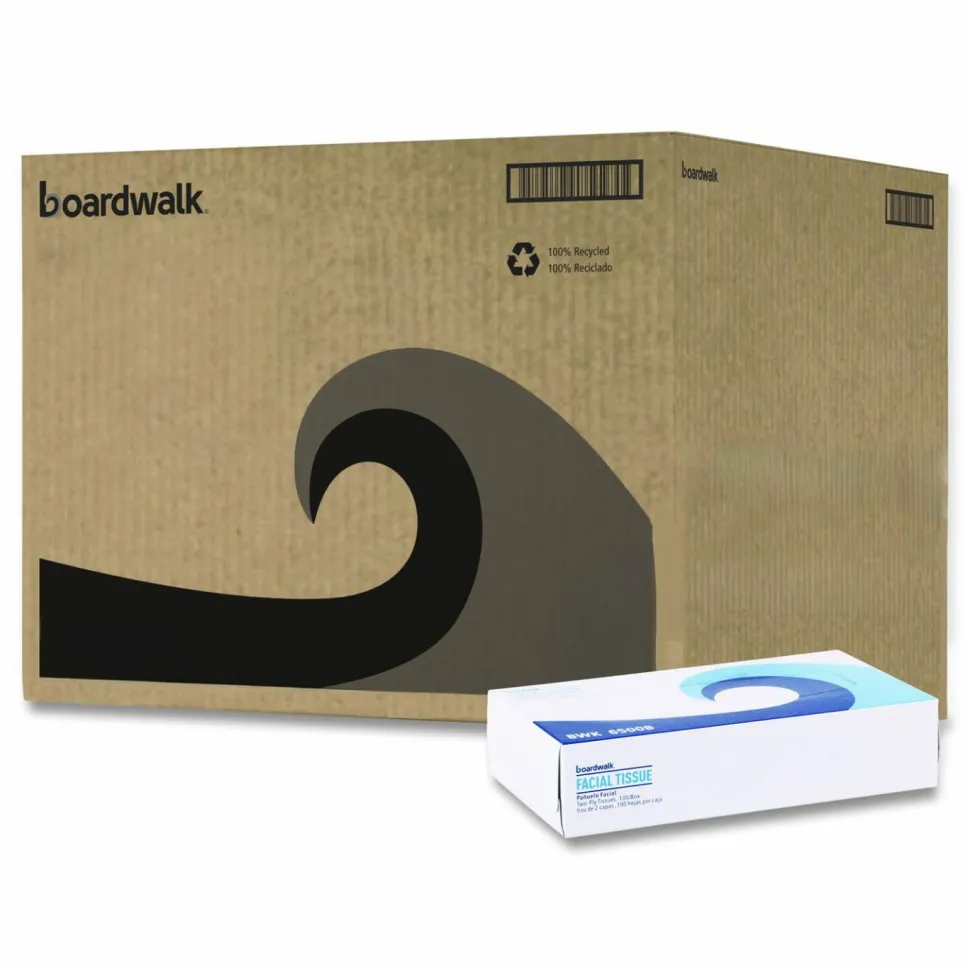 Boardwalk Office Packs Facial Tissue, Flat Box, 2-Ply, White, 100 Sheets/Box, 30 Boxes/Carton