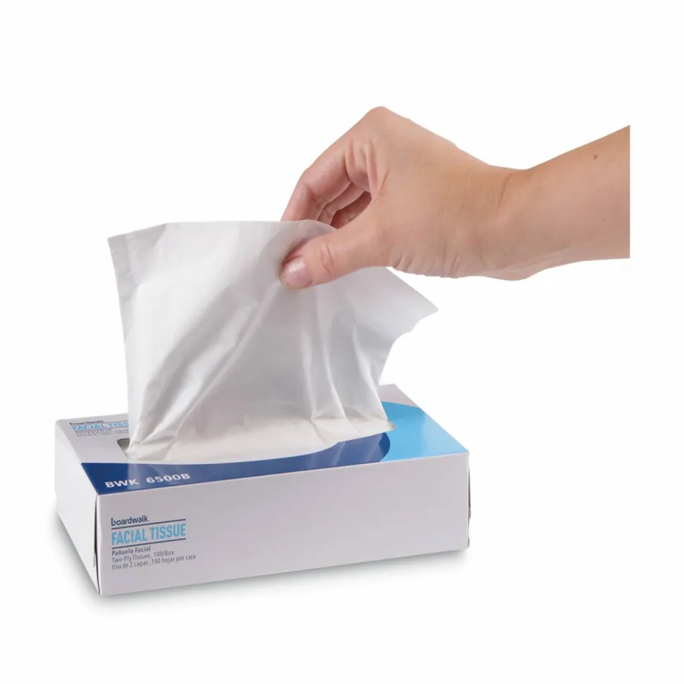Boardwalk Office Packs Facial Tissue, Flat Box, 2-Ply, White, 100 Sheets/Box, 30 Boxes/Carton