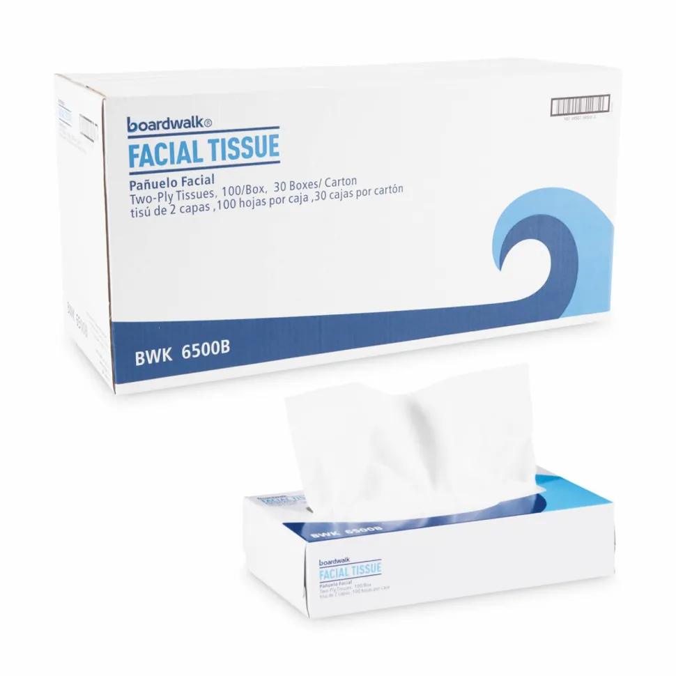 Boardwalk Office Packs Facial Tissue, Flat Box, 2-Ply, White, 100 Sheets/Box, 30 Boxes/Carton