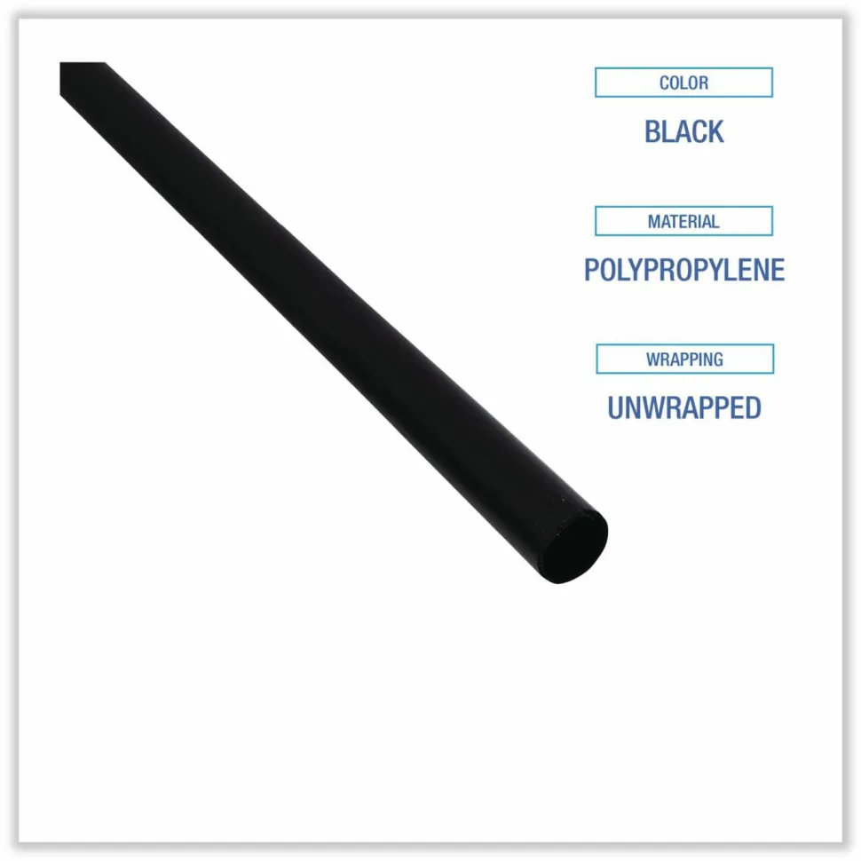 Boardwalk Single-Tube Stir-Straws, 5.25", Polypropylene, Black, 1,000/Pack, 10 Packs/Carton