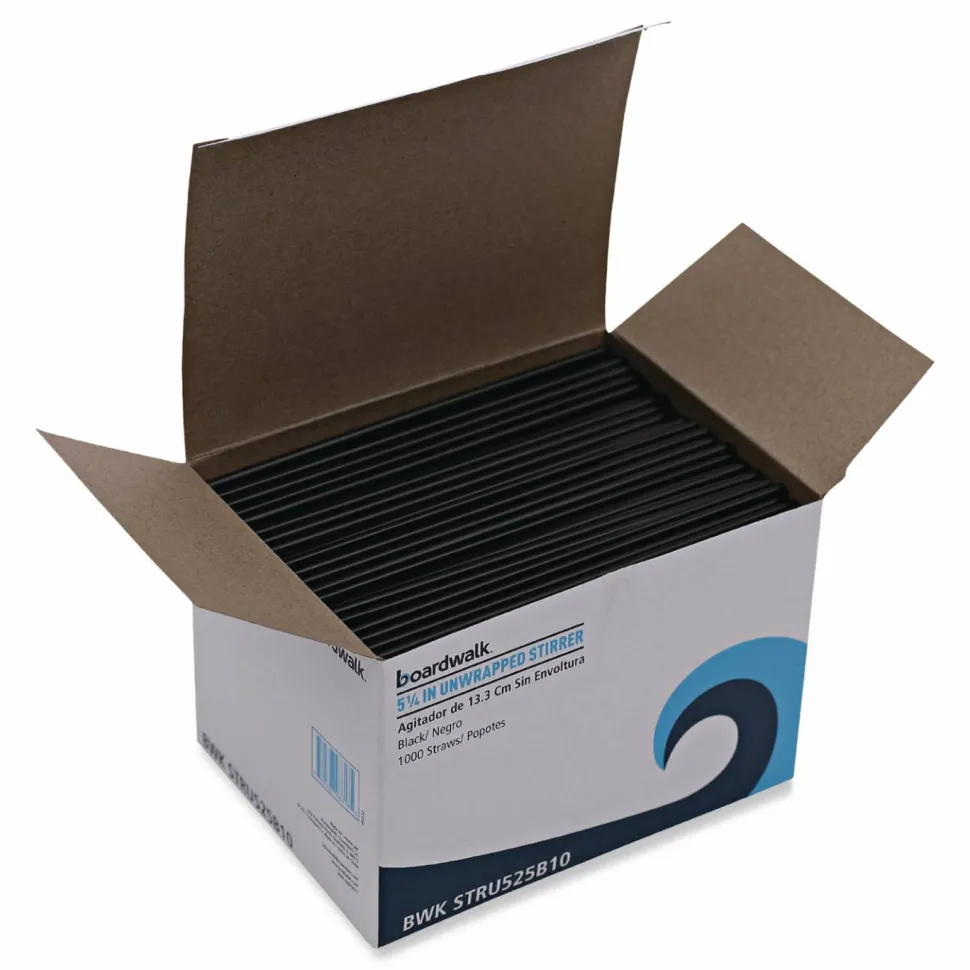 Boardwalk Single-Tube Stir-Straws, 5.25", Polypropylene, Black, 1,000/Pack, 10 Packs/Carton