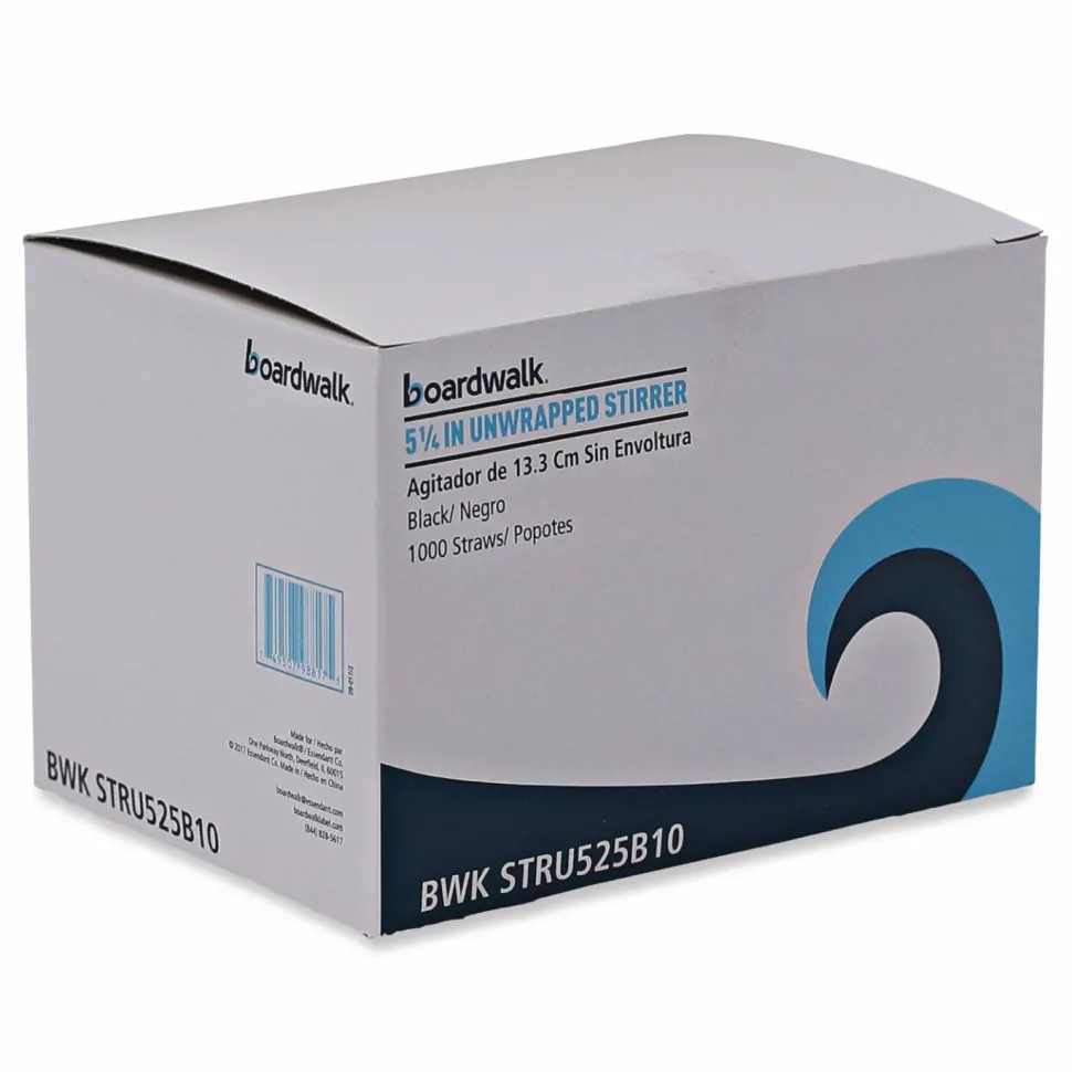 Boardwalk Single-Tube Stir-Straws, 5.25", Polypropylene, Black, 1,000/Pack, 10 Packs/Carton