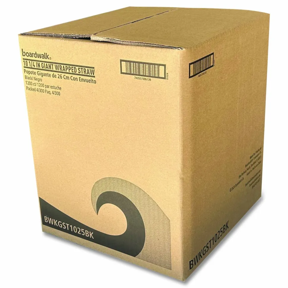Boardwalk Wrapped Giant Straws, 10.25", Polypropylene, Black, 300/Pack, 4 Packs/Carton