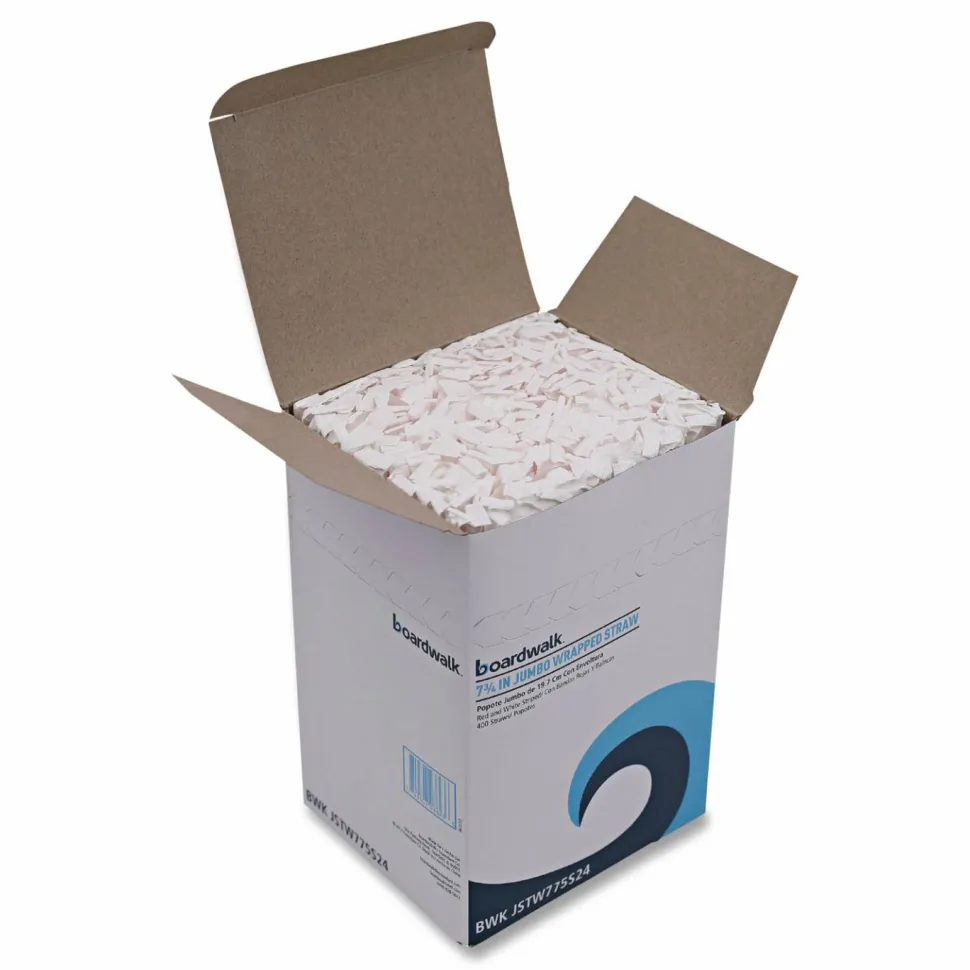 Boardwalk Wrapped Jumbo Straws, 7.75", Plastic, White/Red Stripe, 400/Pack, 25 Packs/Carton