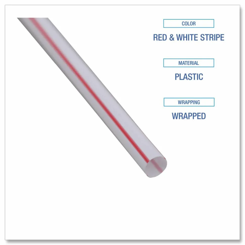 Boardwalk Wrapped Jumbo Straws, 7.75", Plastic, White/Red Stripe, 400/Pack, 25 Packs/Carton